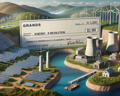 A high-definition, realistic image that represents the concept of a significant monetary grant being provided for an energy revolution in the state of Tennessee. The scene could depict symbolic elements such as a large check written out for 'Grants', combined with renewable energy elements like solar panels, windmills, or hydroelectric dams. The setting should be inspired by the Tennessee landscape with its rolling hills and rivers.