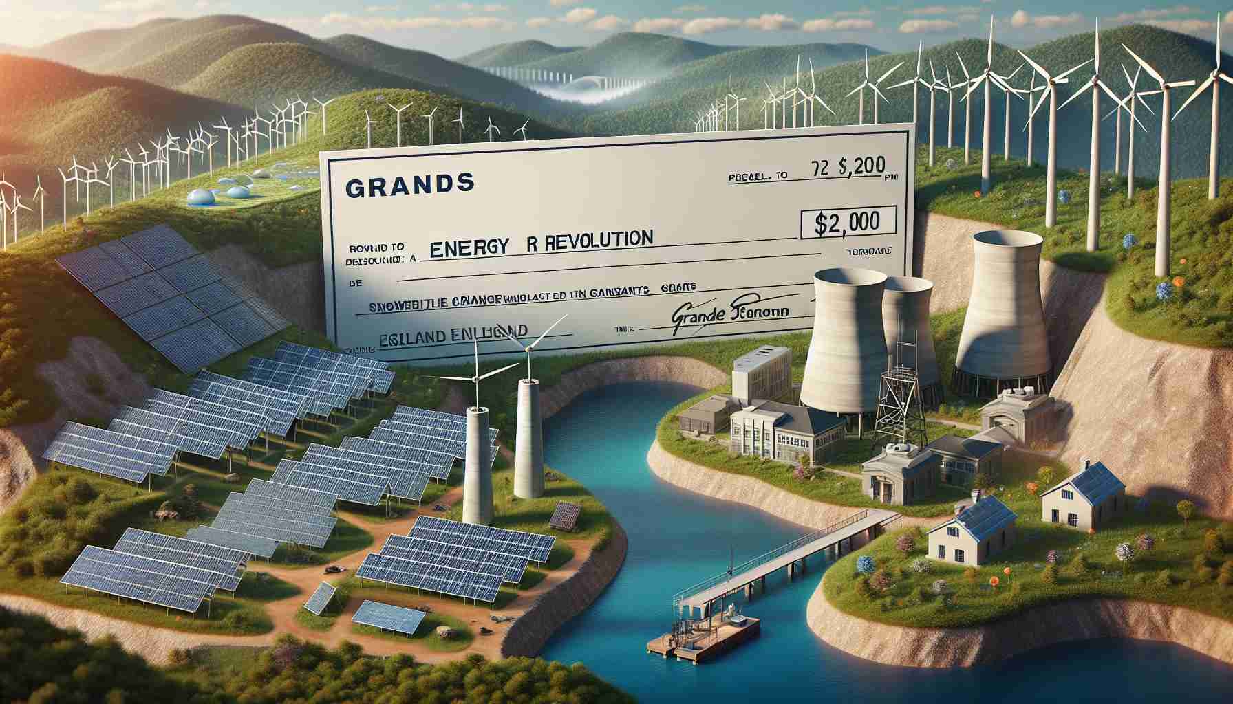 A high-definition, realistic image that represents the concept of a significant monetary grant being provided for an energy revolution in the state of Tennessee. The scene could depict symbolic elements such as a large check written out for 'Grants', combined with renewable energy elements like solar panels, windmills, or hydroelectric dams. The setting should be inspired by the Tennessee landscape with its rolling hills and rivers.