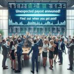 Generate a realistic HD image that depicts a lively scene of a group of investors celebrating the announcement of an unexpected payout. The investors can be a mix of different descents such as Caucasian, Hispanic, and South Asian, including both male and female individuals. Include details like investors high-fiving, shaking hands, and holding celebratory glasses, while standing in front of a large screen displaying the stock exchange numbers. Additionally, show a banner overhead with texts written 'Unexpected Payout Announced! Find Out When You Get Paid'. The setting can be an upscale modern office filled with natural light.