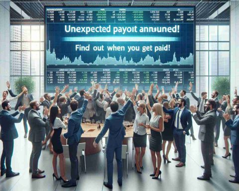 Generate a realistic HD image that depicts a lively scene of a group of investors celebrating the announcement of an unexpected payout. The investors can be a mix of different descents such as Caucasian, Hispanic, and South Asian, including both male and female individuals. Include details like investors high-fiving, shaking hands, and holding celebratory glasses, while standing in front of a large screen displaying the stock exchange numbers. Additionally, show a banner overhead with texts written 'Unexpected Payout Announced! Find Out When You Get Paid'. The setting can be an upscale modern office filled with natural light.