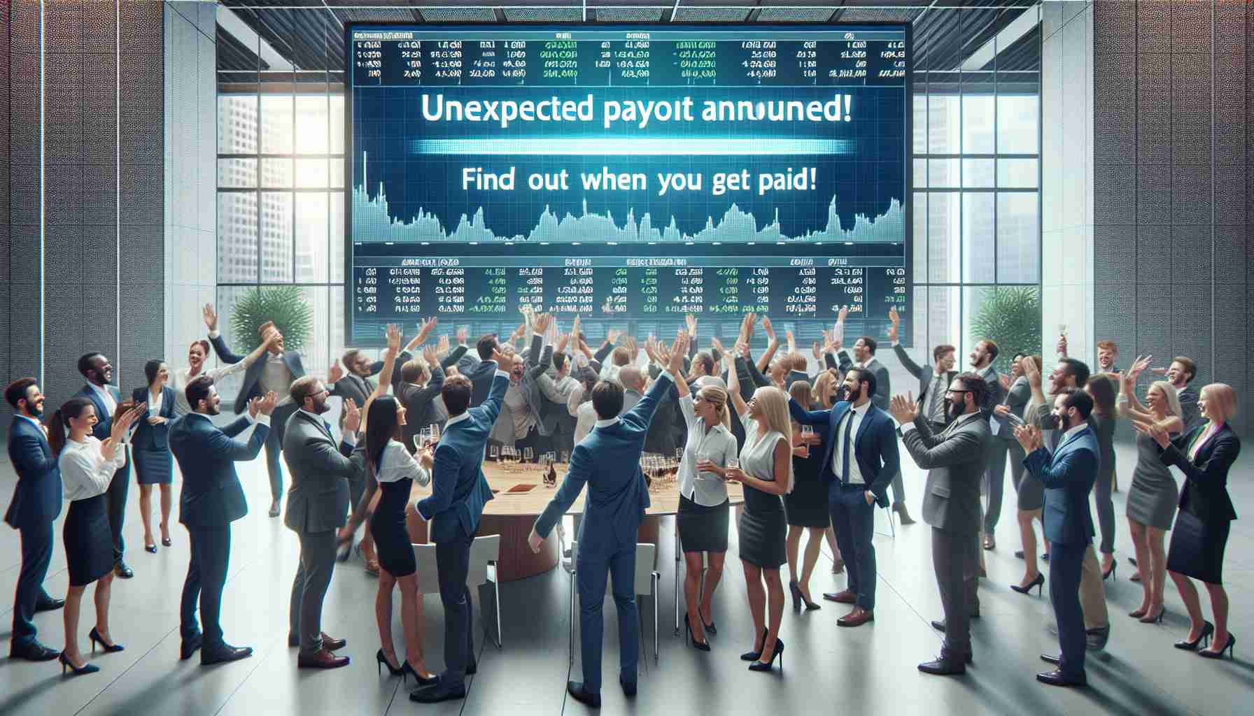 Generate a realistic HD image that depicts a lively scene of a group of investors celebrating the announcement of an unexpected payout. The investors can be a mix of different descents such as Caucasian, Hispanic, and South Asian, including both male and female individuals. Include details like investors high-fiving, shaking hands, and holding celebratory glasses, while standing in front of a large screen displaying the stock exchange numbers. Additionally, show a banner overhead with texts written 'Unexpected Payout Announced! Find Out When You Get Paid'. The setting can be an upscale modern office filled with natural light.