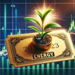 Create a realistic, high-definition image representing the concept of energy investments being profitable in 2023. Depict a half-folded golden ticket stamped with the word 'Energy' while a flourishing green plant springs forth from it symbolizing growth. The plant is positioned against a backdrop of rising stock market charts. The date '2023' is prominently displayed on the ticket.