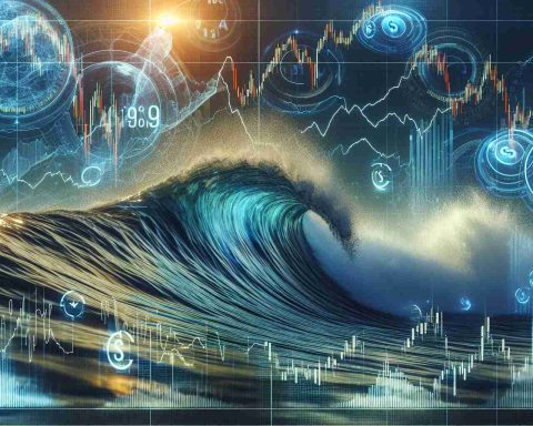 A realistic, high definition representation of the concept of a new wave in Amazon's stock price, perhaps using the metaphor of an actual ocean wave to depict the fluctuation in pricing. The image might feature a digital chart of stocks overlapping with the image of an ocean wave. Also, incorporate elements that symbolize the implications for investors, such as a compass or a ship representing the navigation of the stock market.