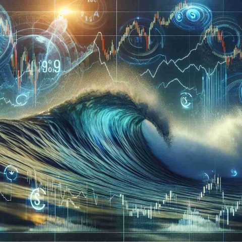 A realistic, high definition representation of the concept of a new wave in Amazon's stock price, perhaps using the metaphor of an actual ocean wave to depict the fluctuation in pricing. The image might feature a digital chart of stocks overlapping with the image of an ocean wave. Also, incorporate elements that symbolize the implications for investors, such as a compass or a ship representing the navigation of the stock market.