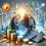 An illustrative representation in high-definition quality of the concept 'Is Investing in Renewable Energy Stocks the Future of Sustainable Wealth?'. Include symbols such as renewable energy icons (sun for solar power, gust of wind for wind energy), stock market graphs trending upward, a clear crystal globe symbolizing the future, and piles of coins indicating wealth. Make sure the image evokes a connection between renewable energy investment and potential future wealth.