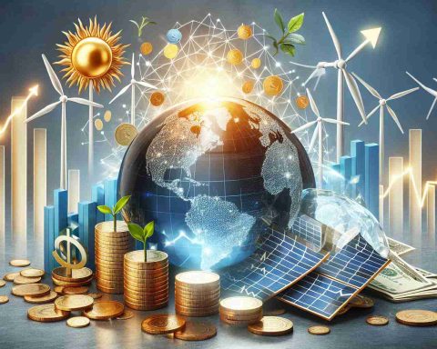 An illustrative representation in high-definition quality of the concept 'Is Investing in Renewable Energy Stocks the Future of Sustainable Wealth?'. Include symbols such as renewable energy icons (sun for solar power, gust of wind for wind energy), stock market graphs trending upward, a clear crystal globe symbolizing the future, and piles of coins indicating wealth. Make sure the image evokes a connection between renewable energy investment and potential future wealth.