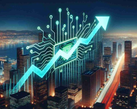 A high-definition, realistic image representing the surge in a tech company's stock. The image depicts an upwards moving stock graph, with soaring lines and numbers increasing. Overlaid, is the symbol of a tech company: a neon green circuit board in the shape of an 'N'. The setting alludes to the company achieving new heights, with the graph against a background of a night city skyline, signifying the tech industry hub.