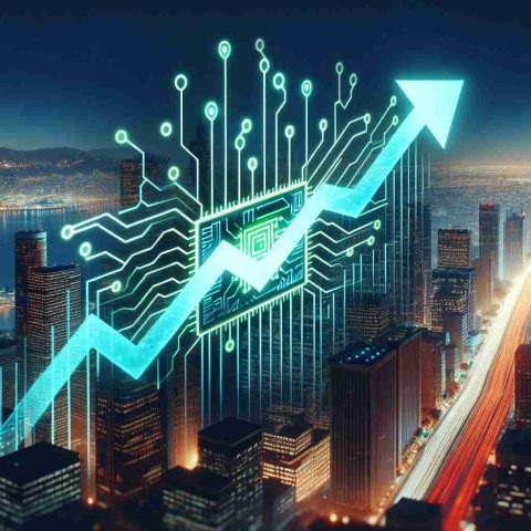 A high-definition, realistic image representing the surge in a tech company's stock. The image depicts an upwards moving stock graph, with soaring lines and numbers increasing. Overlaid, is the symbol of a tech company: a neon green circuit board in the shape of an 'N'. The setting alludes to the company achieving new heights, with the graph against a background of a night city skyline, signifying the tech industry hub.