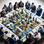 Generate a high definition, realistic image showing a group of diverse investors comprised of Caucasian, Hispanic, Black, Middle-Eastern, South Asian, and White men and women. They are gathered around a large table, pondering over maps, charts and reports related to the oil industry. Arranged around them are symbolistic miniature models of oil derricks, pipelines, and petroleum refineries that symbolize their investment in the petroleum industry.