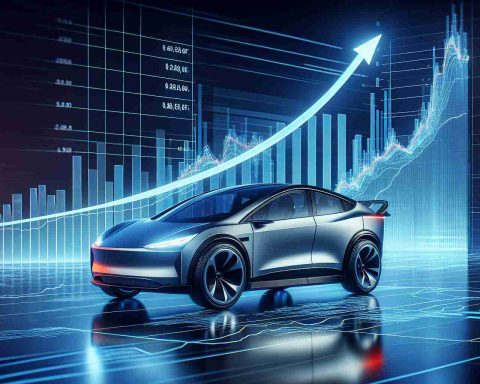 A high-definition, realistic rendering depicting the concept of a significant market shift in the automobile industry, with a focus on electric vehicles. Imagine a graph with an upward trend on one side indicating financial growth, and on the other side, a bold, innovative electric car, representative of future mobility. Please ensure that no specific brand information or logos are present.