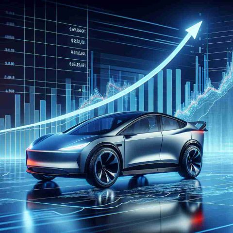 A high-definition, realistic rendering depicting the concept of a significant market shift in the automobile industry, with a focus on electric vehicles. Imagine a graph with an upward trend on one side indicating financial growth, and on the other side, a bold, innovative electric car, representative of future mobility. Please ensure that no specific brand information or logos are present.