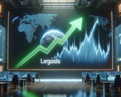 Realistic high-definition image of a large stock market screen displaying a massive upward trend in green, symbolizing a surge in the market. However, there's also a screen showing the logo of a fictional large company and its stock line graph rapidly plunging downwards, indicating turmoil.