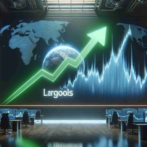 Realistic high-definition image of a large stock market screen displaying a massive upward trend in green, symbolizing a surge in the market. However, there's also a screen showing the logo of a fictional large company and its stock line graph rapidly plunging downwards, indicating turmoil.