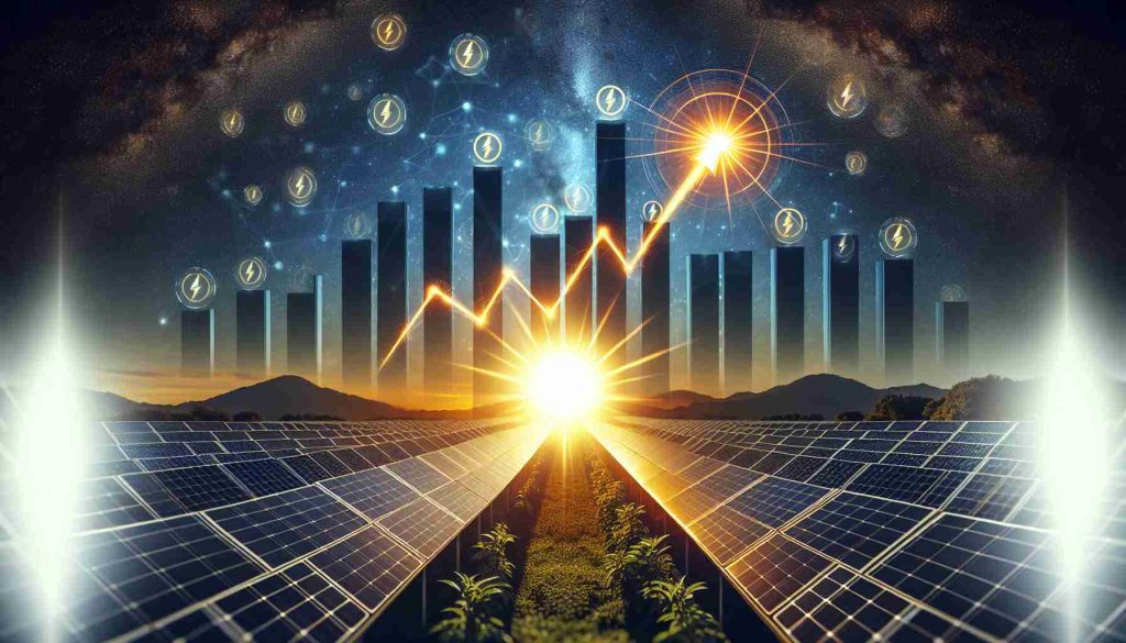 Create a high resolution, realistic image which symbolizes 'Lighting up the Future with Solar Energy'. Show a sun shining brightly above solar panel fields, casting an intense light that implies a prosperous future. In the sky, an upward-pointing graph demonstrate the concept of soaring stocks, overlaid with a symbol of energy or power instead of company names for neutrality.