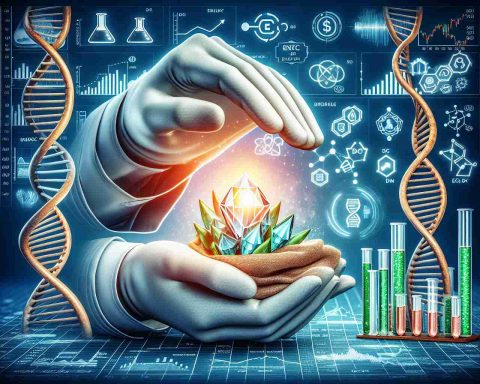 Create a realistic high-definition image of the conceptual representation of InvestorsHub ENZC being a hidden gem in the field of Biotechnology stocks. The gem should be partially concealed, indicating its 'hidden' status, and should be surrounded by symbols related to biotechnology, such as DNA helix, lab equipment, and stock market graphs.