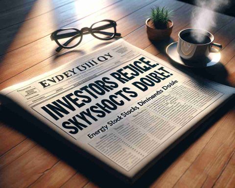 A high resolution, hyperrealistic image displaying a newspaper headline that reads 'Investors Rejoice! Energy Stock Skyrockets, Dividends Double'. The newspaper is laying flat on a wooden table, with a steaming cup of coffee and spectacles placed beside it. Light is shining on the newspaper creating an inviting atmosphere, and the print on the newspaper is clear and legible, indicating that the energy sector is doing exceptionally well.