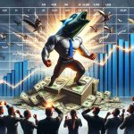 High definition realistic image displaying the visual metaphor of a small company, depicted as an underdog, making a stunning move in the stock market. The scene includes elements such as financial graphs with an upward curve, the firm's logo soaring high, and the expressions of awe and surprise on the faces of the symbolic market giants watching the firm's unexpected success.