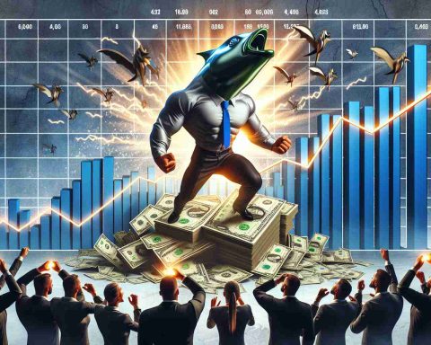 High definition realistic image displaying the visual metaphor of a small company, depicted as an underdog, making a stunning move in the stock market. The scene includes elements such as financial graphs with an upward curve, the firm's logo soaring high, and the expressions of awe and surprise on the faces of the symbolic market giants watching the firm's unexpected success.