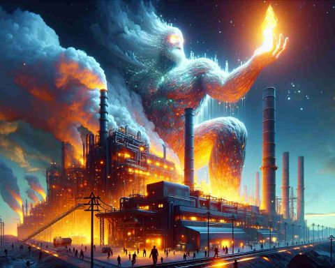 Generate a realistic, high definition image depicting a concept of a surprising turn of events. It shows an allegorical representation of an energy giant, personified as a mammoth industrial structure with luminous glowing energy. This colossal structure is now shown facing an unexpected setback, indicated by signs of malfunctioning machinery, flickering lights, and the general sense of urgency in the scene.