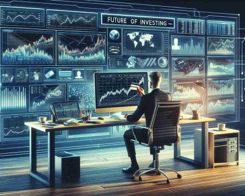 High definition, realistic illustration representing the future of investing. Show a scene where a person, sitting behind a large computer screen filled with stock market data, is using their credit card to make a purchase. The person could be any descent and gender. On the screen, display complex financial graphs, charts and figures suggesting a live trading activity. The computer desk might also have objects like a cup of coffee, a stationary set and a table lamp to add life to the scene. The keyword 'Future of Investing' could be subtly incorporated into the picture.