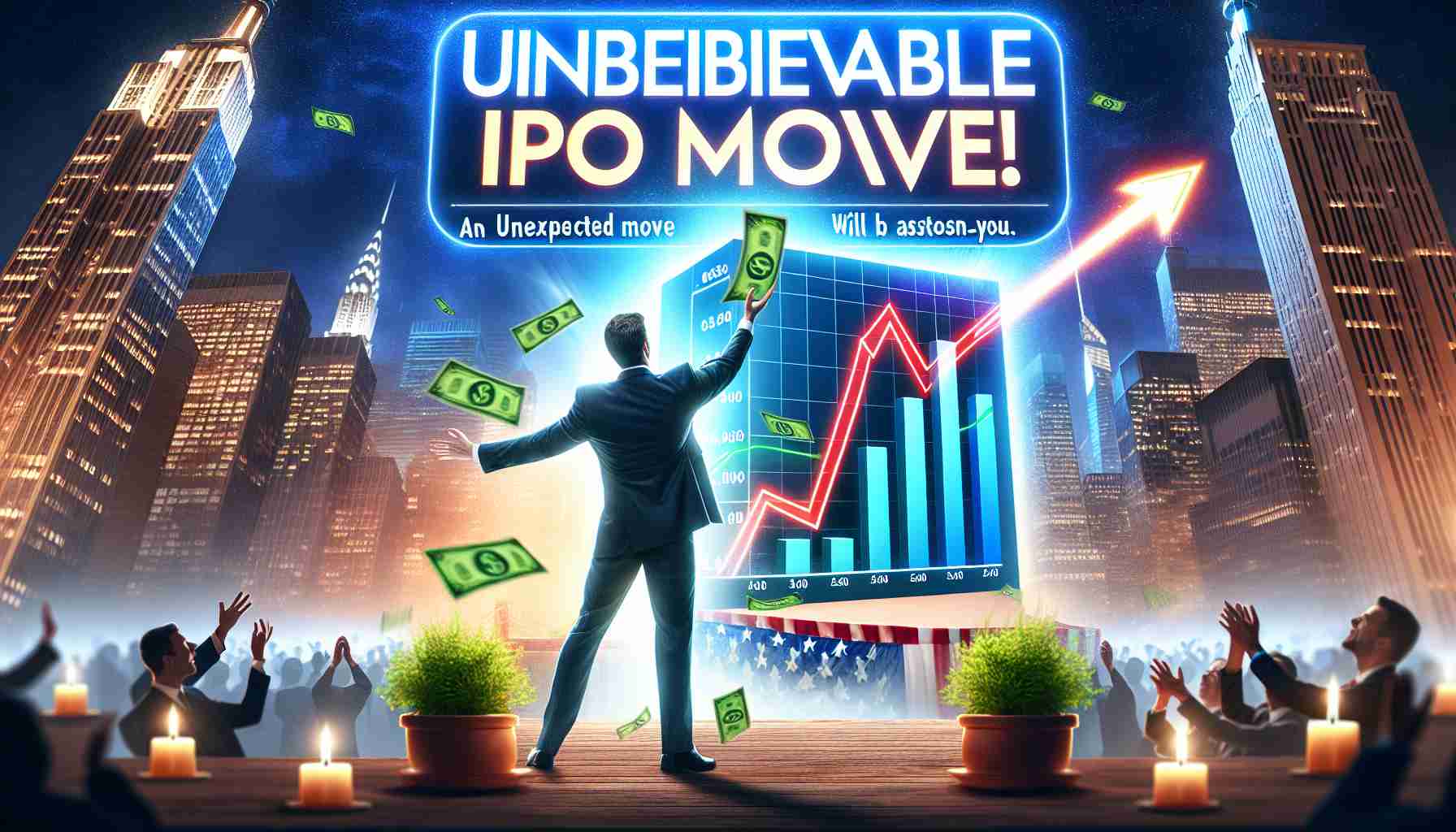 A high definition image illustrating an incredible move in an Initial Public Offering, represented by a chart reaching new highs. The title of the image is 'Unbelievable IPO Move! An unexpected move that will astonish you.'