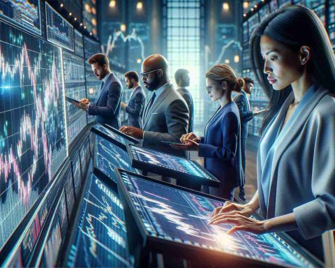 High-definition realistic image of a scene that represents the concept of analysts standing their ground. The scene features a group of diverse professionals, including a South Asian female analyst and a Middle Eastern male analyst, both deeply engrossed in analysis of financial statements. They are surrounded by a series of digital screens that display graphs and charts denoting the upward trajectory of a stock, symbolizing massive potential. The atmosphere is intense, resembling the inside of a bustling stock exchange.