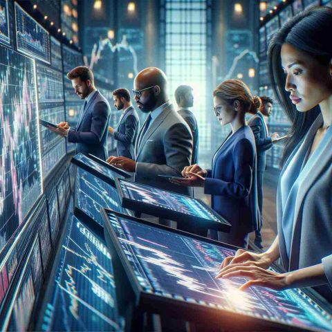 High-definition realistic image of a scene that represents the concept of analysts standing their ground. The scene features a group of diverse professionals, including a South Asian female analyst and a Middle Eastern male analyst, both deeply engrossed in analysis of financial statements. They are surrounded by a series of digital screens that display graphs and charts denoting the upward trajectory of a stock, symbolizing massive potential. The atmosphere is intense, resembling the inside of a bustling stock exchange.