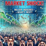 A detailed image depicting the headline 'Market Shock! Major Indices Tumble—What's Next?' over an HD backdrop of a tumultuous financial market. The image should present falling line graphs and charts representing major indices, and a mixed expressions of traders showing surprise, concern, and analysis.