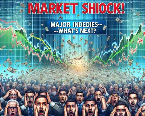 A detailed image depicting the headline 'Market Shock! Major Indices Tumble—What's Next?' over an HD backdrop of a tumultuous financial market. The image should present falling line graphs and charts representing major indices, and a mixed expressions of traders showing surprise, concern, and analysis.