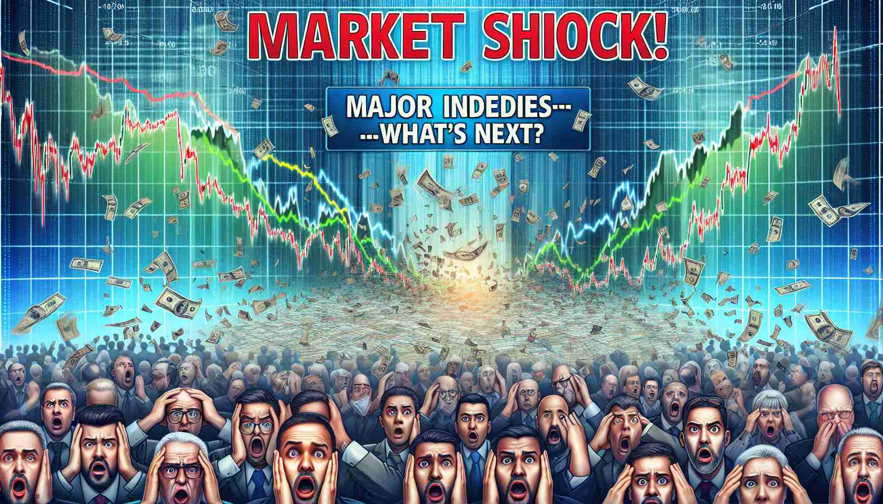 A detailed image depicting the headline 'Market Shock! Major Indices Tumble—What's Next?' over an HD backdrop of a tumultuous financial market. The image should present falling line graphs and charts representing major indices, and a mixed expressions of traders showing surprise, concern, and analysis.