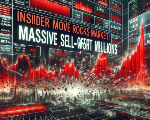 A high-definition, realistic depiction of the headline 'Insider Move Rocks Market! Massive Sell-Off Worth Millions'. This scene unfolds on a digital stock market dashboard displaying a significant drop in market value. The graphic design should imply an intense situation, with elements such as plunging graphs, dominating red colors, frantic sell-off data, and busy trading activity to encapsulate the magnitude of the market turmoil.