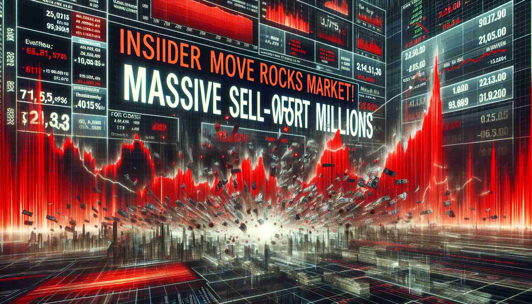 A high-definition, realistic depiction of the headline 'Insider Move Rocks Market! Massive Sell-Off Worth Millions'. This scene unfolds on a digital stock market dashboard displaying a significant drop in market value. The graphic design should imply an intense situation, with elements such as plunging graphs, dominating red colors, frantic sell-off data, and busy trading activity to encapsulate the magnitude of the market turmoil.