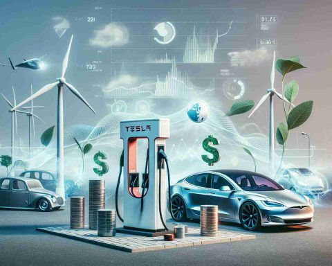 A detailed high-definition image showing the concept of a silent revolution brought about by innovation in technology, specifically electric vehicles and renewable energy. The scene could include symbolic elements such as a charging station replacing a traditional petrol station, wind turbines and solar panels in the background area, a graph or chart indicating the rise of renewable energy use, and an electric car signifying Tesla's contribution. The scene should also subtly hint at the impact of these changes on the economy, perhaps through coins, banknotes or a rising stock market chart.