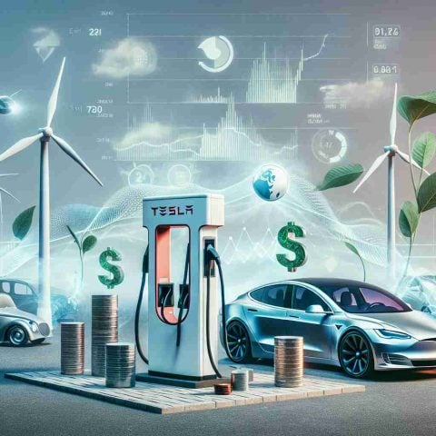 A detailed high-definition image showing the concept of a silent revolution brought about by innovation in technology, specifically electric vehicles and renewable energy. The scene could include symbolic elements such as a charging station replacing a traditional petrol station, wind turbines and solar panels in the background area, a graph or chart indicating the rise of renewable energy use, and an electric car signifying Tesla's contribution. The scene should also subtly hint at the impact of these changes on the economy, perhaps through coins, banknotes or a rising stock market chart.