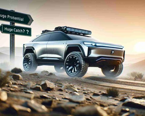 Generate a realistic High Definition image of an electric SUV going over rough terrain. The SUV should bear no logos or branding, but rather display futuristic aesthetics with rugged appeal. Also depict a far horizon with road signs hinting towards 'Huge Potential', and a large, conspicuous question mark nearby, symbolising unseen challenges or 'the catch'