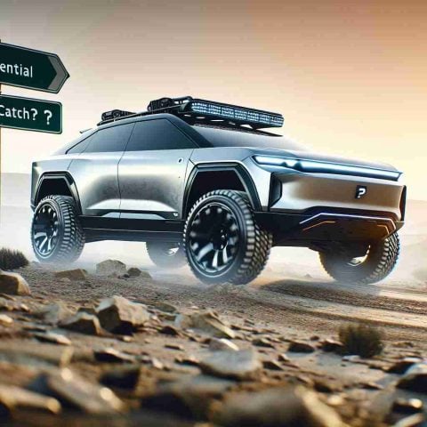 Generate a realistic High Definition image of an electric SUV going over rough terrain. The SUV should bear no logos or branding, but rather display futuristic aesthetics with rugged appeal. Also depict a far horizon with road signs hinting towards 'Huge Potential', and a large, conspicuous question mark nearby, symbolising unseen challenges or 'the catch'