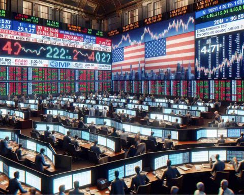 High-definition, realistic representation of the stock market atmosphere during a period of political uncertainty in an unspecified location: Trading floor buzzing with activity as traders nervously watch their screens, market indices fluctuating unpredictably on large display screens, and news tickers showing headlines about the election results yet to be announced.