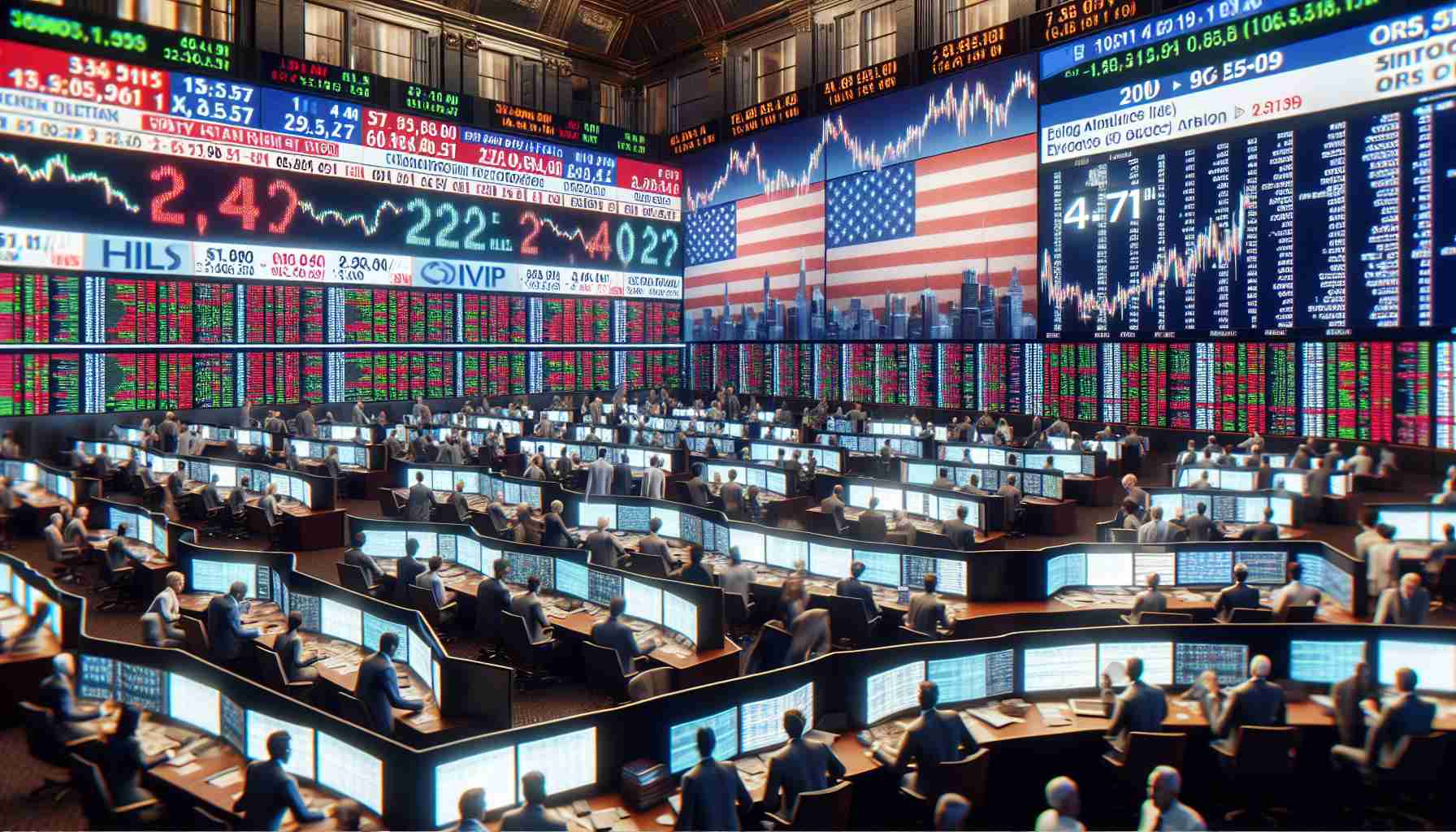 High-definition, realistic representation of the stock market atmosphere during a period of political uncertainty in an unspecified location: Trading floor buzzing with activity as traders nervously watch their screens, market indices fluctuating unpredictably on large display screens, and news tickers showing headlines about the election results yet to be announced.