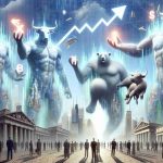 A high-definition, realistic image depicting an abstract concept of market trends. The image shows colossal titans, portrayed as ethereal beings, each holding a different symbol for financial markets, like a bull for rising values and a bear for falling ones. They tower over a metaphorical depiction of Wall Street, which is represented as a bustling historic avenue with nearby people of various descents and genders looking in awe and admiration. The image should reflect the immense power and potential unpredictability of financial markets.