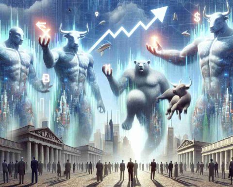 A high-definition, realistic image depicting an abstract concept of market trends. The image shows colossal titans, portrayed as ethereal beings, each holding a different symbol for financial markets, like a bull for rising values and a bear for falling ones. They tower over a metaphorical depiction of Wall Street, which is represented as a bustling historic avenue with nearby people of various descents and genders looking in awe and admiration. The image should reflect the immense power and potential unpredictability of financial markets.