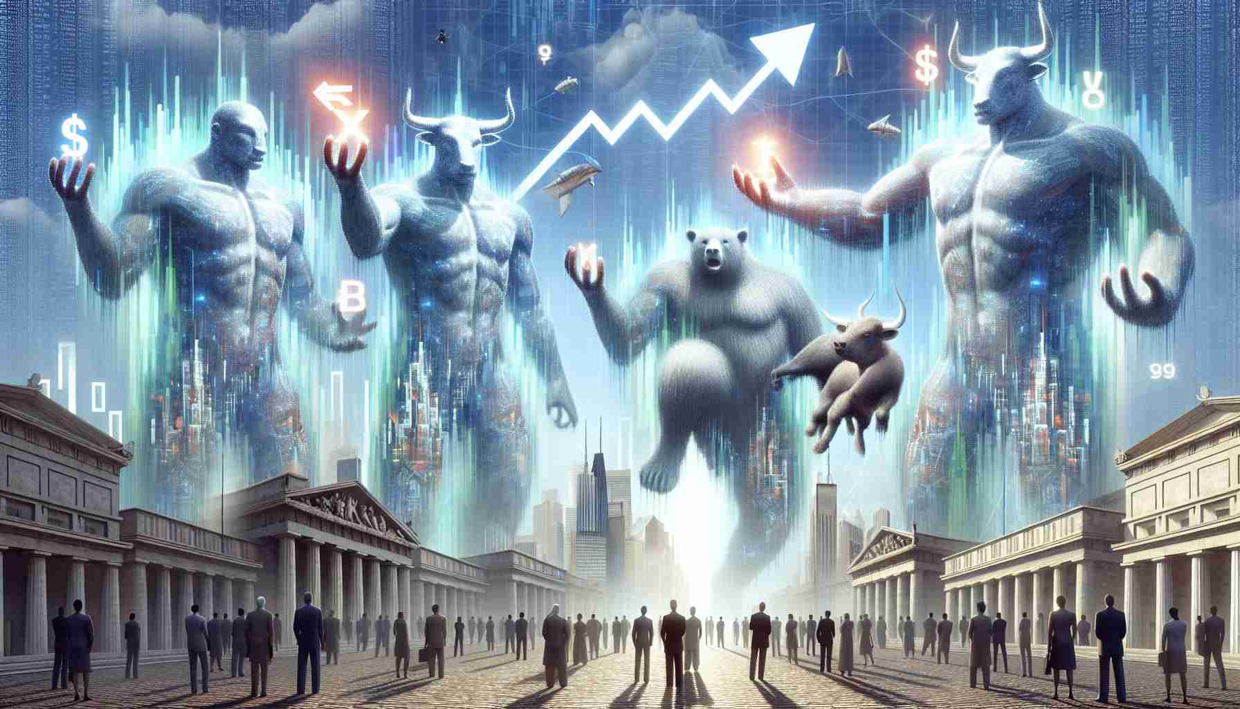 A high-definition, realistic image depicting an abstract concept of market trends. The image shows colossal titans, portrayed as ethereal beings, each holding a different symbol for financial markets, like a bull for rising values and a bear for falling ones. They tower over a metaphorical depiction of Wall Street, which is represented as a bustling historic avenue with nearby people of various descents and genders looking in awe and admiration. The image should reflect the immense power and potential unpredictability of financial markets.