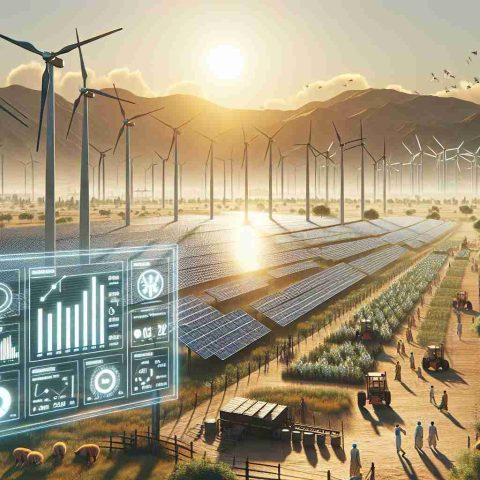 Render a highly detailed and realistic image depicting the transition of India's energy sector towards renewable sources. Show a sunlit solar farm with multiple panels across the flat landscape, large wind turbines on the hills in the distance, and a clear digital display showing increasing statistics about renewable energy. Also include people of South Asian descent working and observing the transformation with interest. Make sure the image feels dynamic, to convey the sense of change and progress.