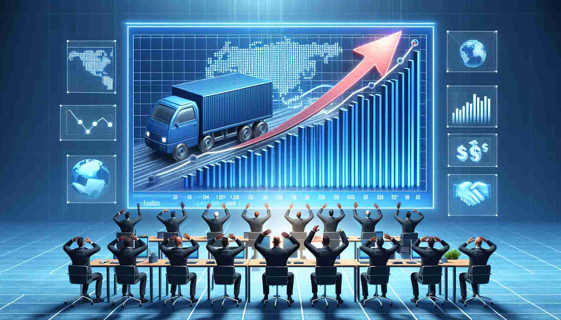 Generate a realistic high-definition image illustrating a concept. The concept is a staggering surge in an e-commerce company's market capitalization, which has left analysts in shock. This could be represented by a graph with an arrow shooting up, or a crowd of analysts gasping at a screen showing the company's impressive stats. Remember, this representation should be metaphorical, as market capitalization is an abstract concept.