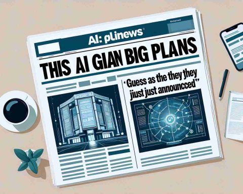 Illustration of a newspaper headline reading 'This AI Giant Has Big Plans' with a side article titled 'Guess What They Just Announced'. Include a high-quality, realistic image of a fictional AI-driven technology company's logo in the background.