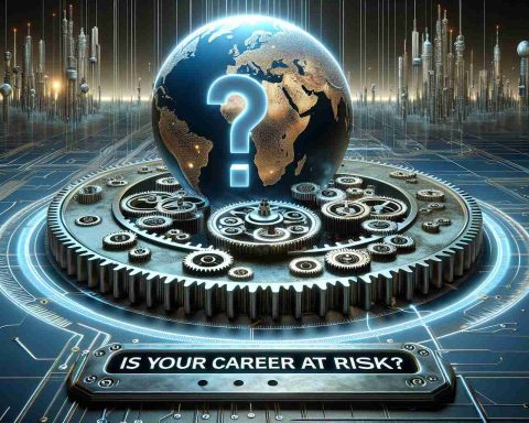 An ultra-high-definition realistic illustration visualizing an AI revolution, symbolized by a giant cogwheel representing mechanization with smaller cogs, shaped like the globe highlighting important economic centres. The smaller cogs are interlocked showing technological advancement and interconnected global job markets. A large looming question mark is superimposed on the scene, symbolizing the uncertainty of the future of careers due to AI. The text 'Is Your Career at Risk?' is prominently displayed at the bottom, prompting contemplation of the career risks associated with the AI revolution.