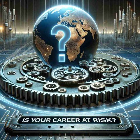 An ultra-high-definition realistic illustration visualizing an AI revolution, symbolized by a giant cogwheel representing mechanization with smaller cogs, shaped like the globe highlighting important economic centres. The smaller cogs are interlocked showing technological advancement and interconnected global job markets. A large looming question mark is superimposed on the scene, symbolizing the uncertainty of the future of careers due to AI. The text 'Is Your Career at Risk?' is prominently displayed at the bottom, prompting contemplation of the career risks associated with the AI revolution.