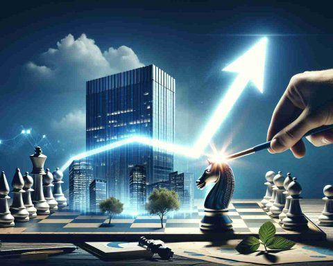 Create a realistic, high-definition image that symbolizes a company making a bold and surprising move. This could be represented by a corporate building with a large, glowing arrow pointing upwards to signify growth, or a chess piece (like a knight) being moved on a map that looks like a business sector. Include elements that evoke a sense of curiosity and anticipation, suggesting that a significant event or revelation has occurred.