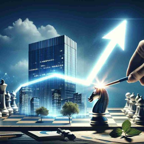 Create a realistic, high-definition image that symbolizes a company making a bold and surprising move. This could be represented by a corporate building with a large, glowing arrow pointing upwards to signify growth, or a chess piece (like a knight) being moved on a map that looks like a business sector. Include elements that evoke a sense of curiosity and anticipation, suggesting that a significant event or revelation has occurred.