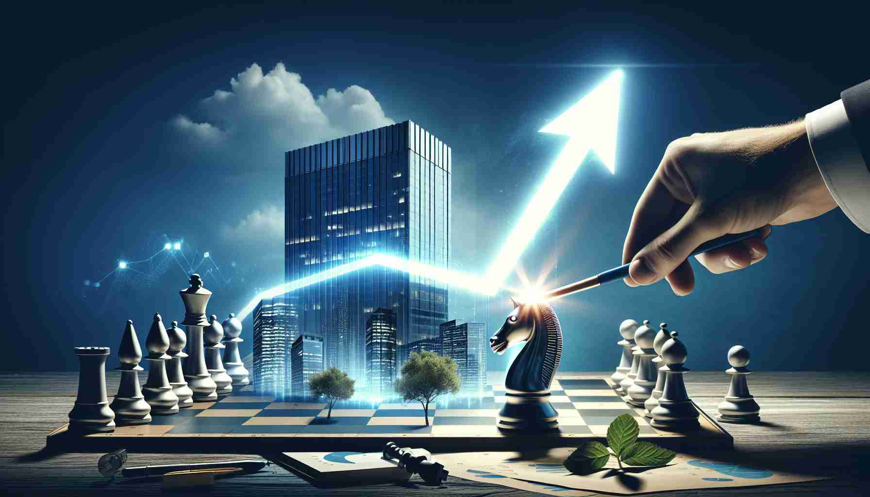 Create a realistic, high-definition image that symbolizes a company making a bold and surprising move. This could be represented by a corporate building with a large, glowing arrow pointing upwards to signify growth, or a chess piece (like a knight) being moved on a map that looks like a business sector. Include elements that evoke a sense of curiosity and anticipation, suggesting that a significant event or revelation has occurred.