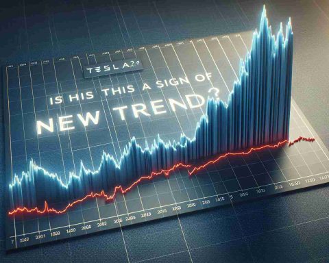 A realistic high-definition photo of a graph illustrating a sudden spike in Tesla's stock price, with the question 'Is this the sign of a new trend?' overlaid in text.